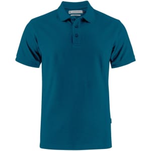 A teal men's cotton polo shirt featuring a collar and button placket, with a logo on the side.