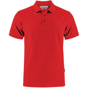 A red cotton polo shirt with a classic collar and three buttons, featuring a logo on the side.