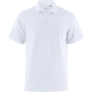 A white polo shirt with a classic collar and button placket, featuring a logo on the chest.
