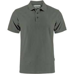A grey men's cotton polo shirt with short sleeves, featuring a collar and buttons, and a logo on the side.