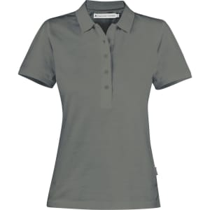 A women's polo shirt in a dark grey shade featuring a collar and a placket with buttons. It has a logo.