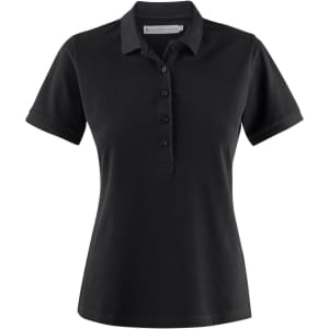 A black women's cotton polo shirt with a collar and button placket, featuring brand logo.