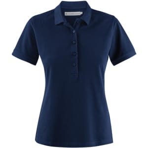 A navy women's cotton polo shirt featuring a collar and button placket, with a logo on the chest.
