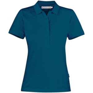 A teal women's cotton polo shirt with a classic collar and a fitted design, featuring a logo.