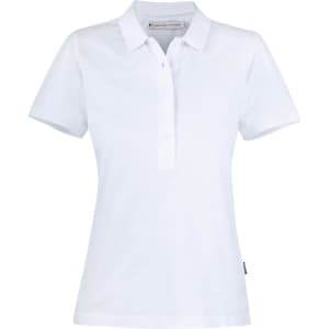 A white women's cotton polo shirt with a collar and a button-up front. It features a logo on the side.