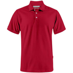 A red men's polo shirt with a collar, short sleeves, and a small logo.