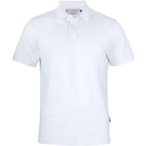 A white men's polo shirt with a collar and a logo on the side.