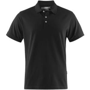 A black men's polo shirt with a collar and a logo on the side.