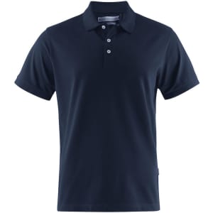 A navy blue men's polo shirt with a collared neck and three buttons, featuring a brand logo.