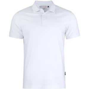 A white polo shirt with a classic collar and a logo on the side. Ideal for casual wear.