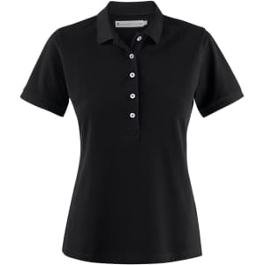A black women's polo shirt featuring a classic collar and button detail, with a logo on the chest area.
