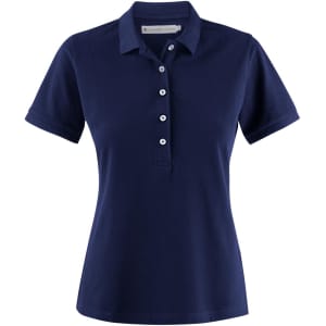A polo shirt for women in navy blue with a classic button placket and a collar. It features a logo.