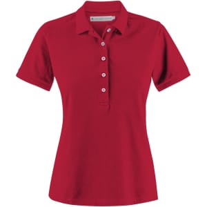 A red women's polo shirt with short sleeves and a buttoned placket. It has a logo on the side.