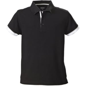 A black men's cotton polo shirt with white detailing on the cuffs and collar. It features a logo.
