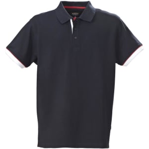 A navy blue cotton polo shirt with contrasting collar and sleeve detailing. Features a logo on the chest.