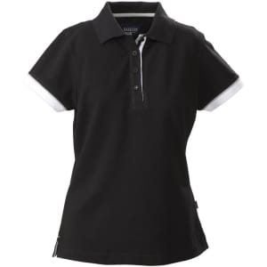 A black women's cotton polo shirt with white collar and sleeve accents, featuring a logo on the chest.