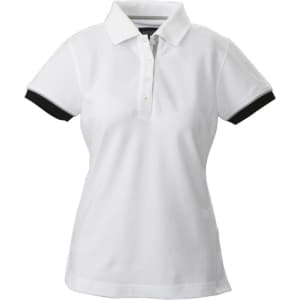 A white women's cotton polo shirt with black accents on the sleeves and a collar. It features a branded logo.
