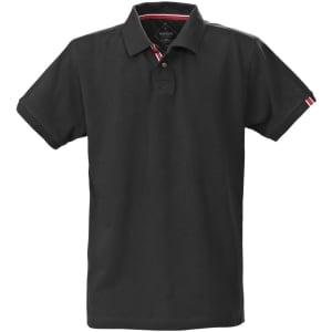 A black men's polo shirt with a collar and short sleeves, featuring a logo and striped details on the sleeves.