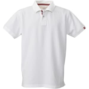 A white men's polo shirt with a collar and striped detail on the sleeves, featuring a logo.
