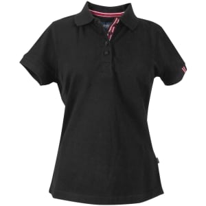 A black women's cotton polo shirt featuring a collared neck and a striped interior. It has a logo on the chest.