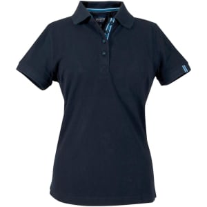A women's cotton polo shirt in black, featuring short sleeves and a collared neckline with a striped detail.