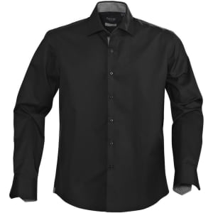 A black button-up men's shirt with long sleeves and a logo on the label.