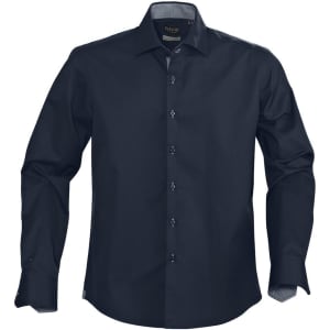 A men's button-up shirt in dark navy, featuring a spread collar and a subtle logo on the label.
