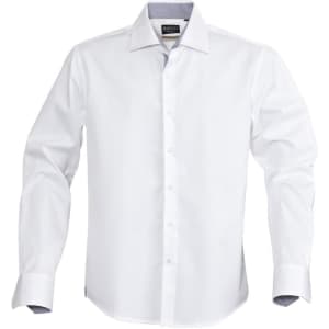 A white button-up shirt featuring long sleeves and a contrasting collar, with a logo on the label.