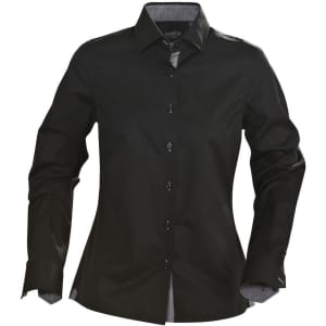 A black button-up blouse with a tailored fit and long sleeves, featuring a logo on the collar.