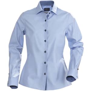 A light blue button-up blouse with long sleeves and black buttons, featuring a fitted design and a collar.