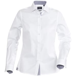 A white button-up blouse with long sleeves and a contrasting inner collar detail. The shirt features a logo.