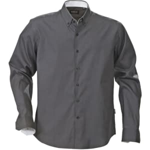 A grey button-up shirt with a collar and long sleeves, featuring a logo.