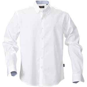 A white button-up shirt with long sleeves and a collar, featuring a logo on the label.