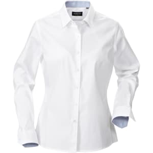 A white button-up shirt for women featuring a classic collar and long sleeves with contrasting cuffs. It has a logo on the label.
