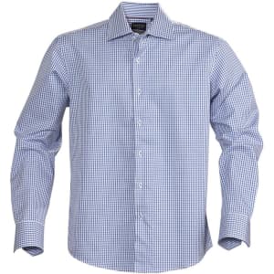 A button-up shirt featuring a blue and white check pattern, with long sleeves and a collar, includes a logo.
