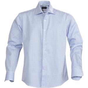 A blue and white check patterned button-up shirt with long sleeves and a collar, featuring a logo.