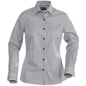 A black and white checkered button-up shirt for women, featuring a classic collar and long sleeves. The shirt has branding.