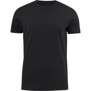 A black men's crew neck T-shirt with a simple design, featuring a small logo at the hem.
