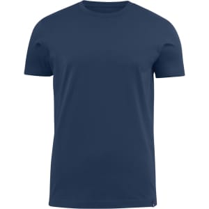 A navy blue crew neck t-shirt with short sleeves and a subtle logo.