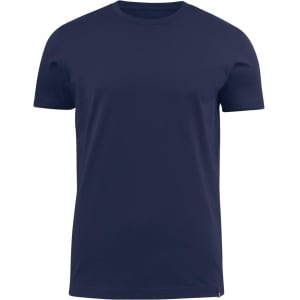 A navy blue crew neck tee featuring short sleeves and a logo on the side.