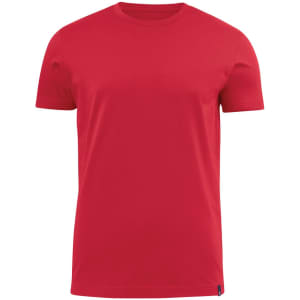 A red crew neck tee featuring short sleeves and a blank front, with a branding logo at the bottom.