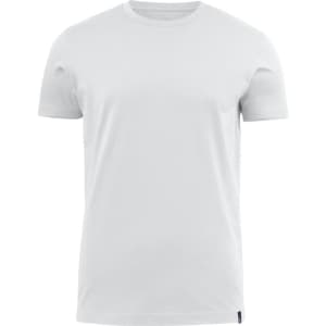 A plain white crew neck T-shirt with short sleeves, featuring a logo on the side.