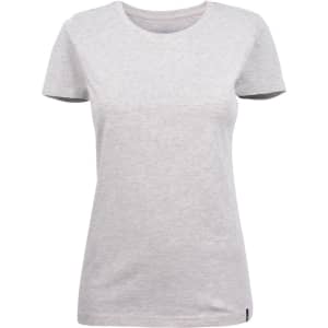 A light grey women's crew neck t-shirt featuring a fitted design and a logo at the hem.
