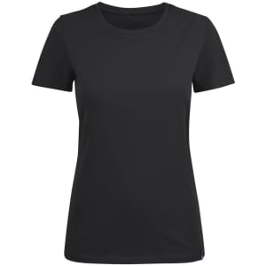 A black women's crew neck t-shirt featuring short sleeves and a logo on the side.