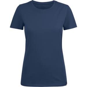 A women's crew neck t-shirt in navy blue with short sleeves and a simple design. It features a logo.