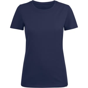 A navy blue women's crew neck tee, featuring short sleeves and a simple design, with a logo on the side.