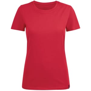 A red women's crew neck tee featuring short sleeves and a fitted design. It includes a logo detail.