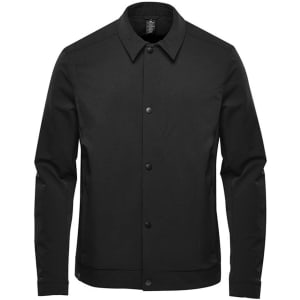 A black men's jacket with a button-up front and a collar, featuring long sleeves and a branded logo.