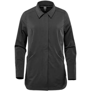 A women's jacket in black with a collared neckline and side pockets, featuring a branding logo.