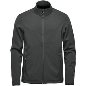 A men's softshell jacket in dark green with a full zip and two zippered pockets, featuring a subtle logo.
